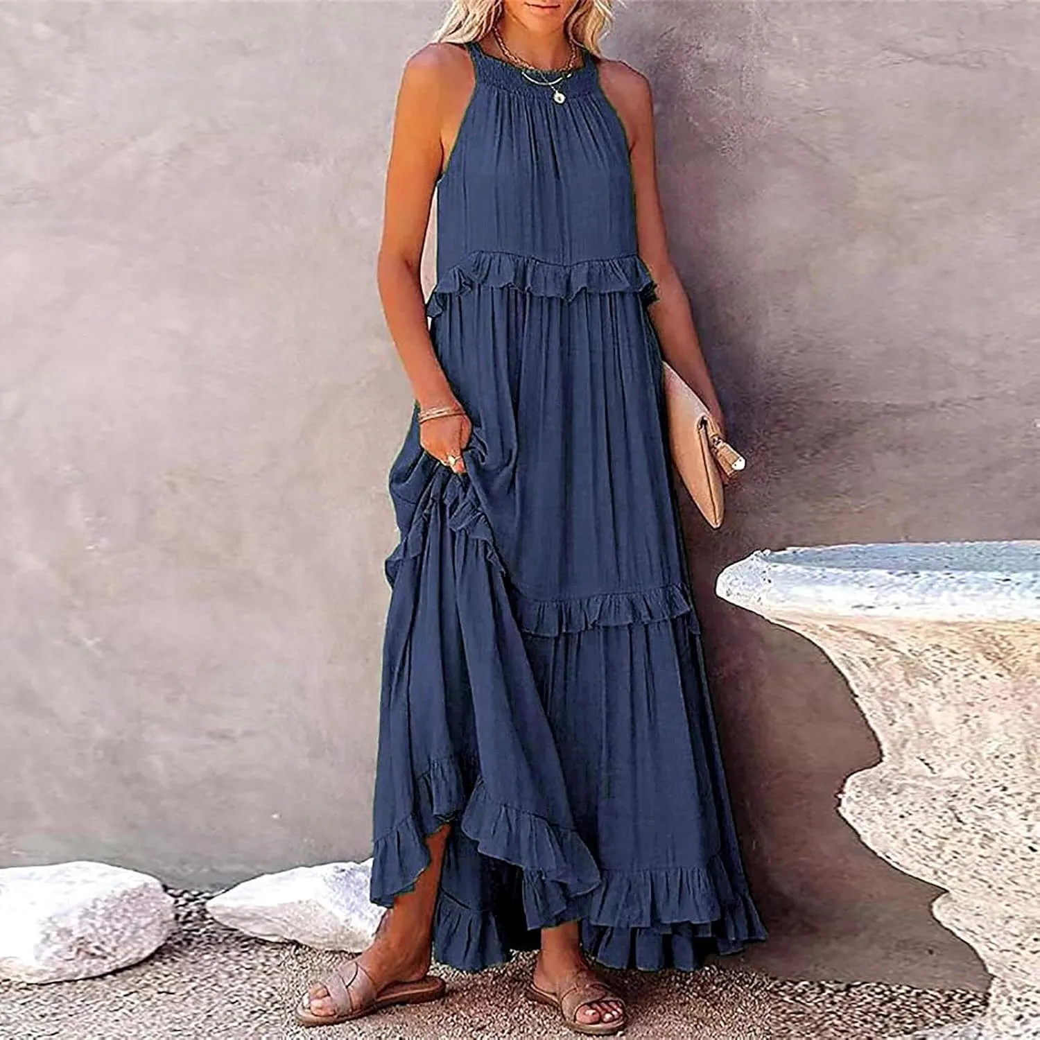 Summer Tiered Dresses For Women 2025 High Neck Pleated A Line Swing Maxi Dresses 2025 Flowy Ruffle Elegant Dress