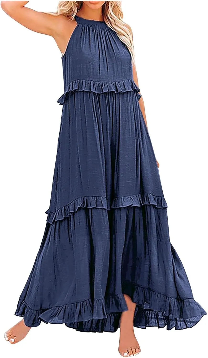 Summer Tiered Dresses For Women 2025 High Neck Pleated A Line Swing Maxi Dresses 2025 Flowy Ruffle Elegant Dress
