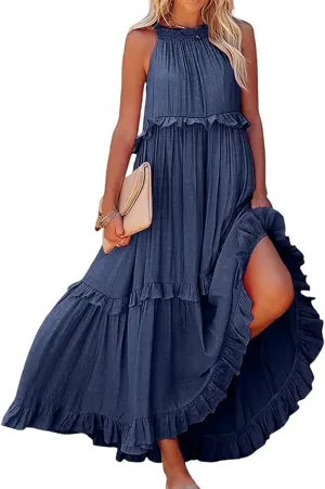 Summer Tiered Dresses For Women 2025 High Neck Pleated A Line Swing Maxi Dresses 2025 Flowy Ruffle Elegant Dress