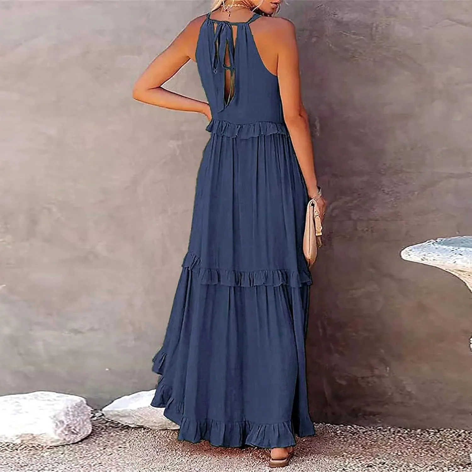 Summer Tiered Dresses For Women 2025 High Neck Pleated A Line Swing Maxi Dresses 2025 Flowy Ruffle Elegant Dress