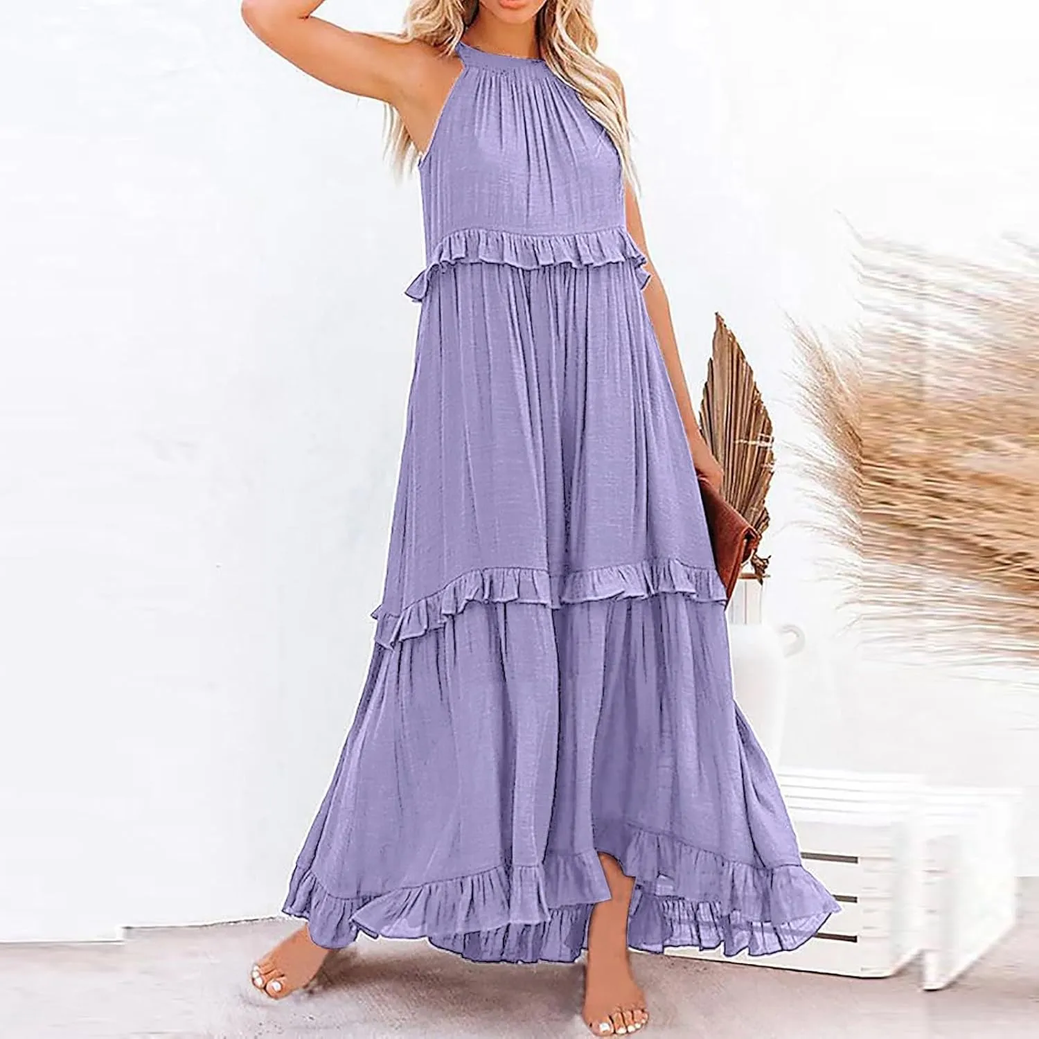 Summer Tiered Dresses For Women 2025 High Neck Pleated A Line Swing Maxi Dresses 2025 Flowy Ruffle Elegant Dress