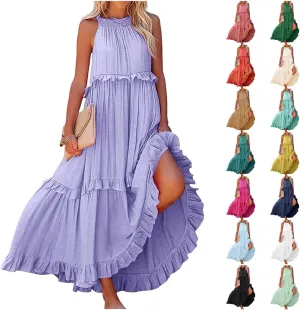 Summer Tiered Dresses For Women 2025 High Neck Pleated A Line Swing Maxi Dresses 2025 Flowy Ruffle Elegant Dress