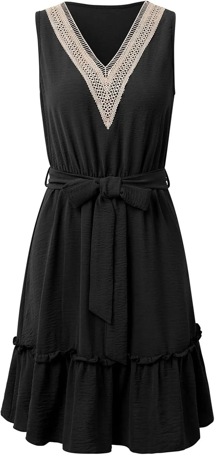 Sun Dresses for Women 2025 Vacation Petite Trendy Sleeveless Boat Neck Puff Swing A-Line Short Dress Bohemian Cowgirl Outfits