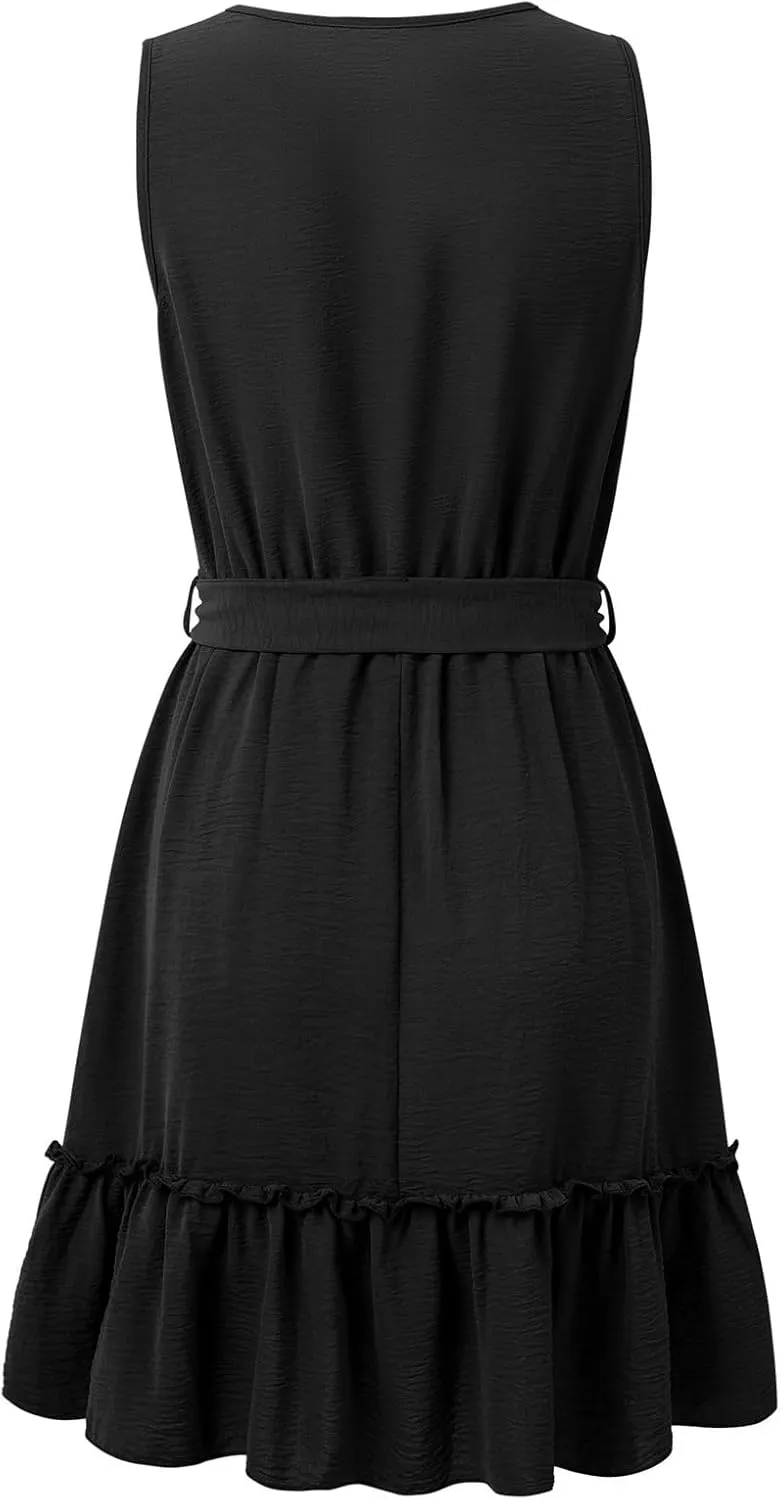 Sun Dresses for Women 2025 Vacation Petite Trendy Sleeveless Boat Neck Puff Swing A-Line Short Dress Bohemian Cowgirl Outfits