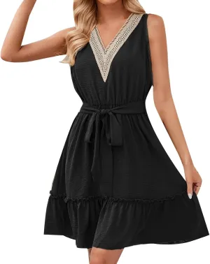Sun Dresses for Women 2025 Vacation Petite Trendy Sleeveless Boat Neck Puff Swing A-Line Short Dress Bohemian Cowgirl Outfits