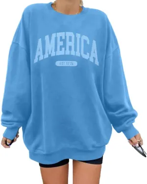 SUPEYA American Sweatshirt Women USA Oversized Shirt Patriotic TShirt Casual Long Sleeve Pullover 4th of July Tee Tops