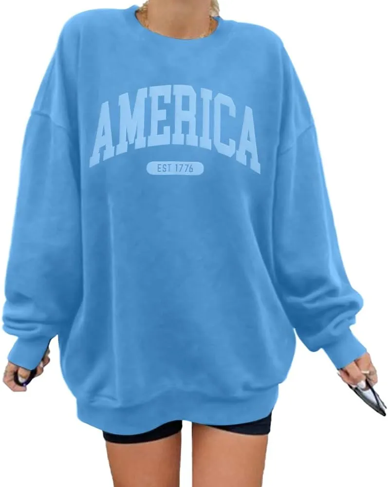 SUPEYA American Sweatshirt Women USA Oversized Shirt Patriotic TShirt Casual Long Sleeve Pullover 4th of July Tee Tops