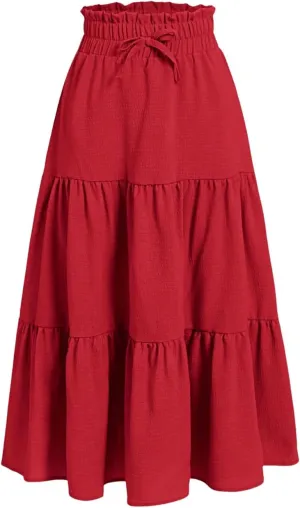 SweatyRocks Girl's Casual Solid Drawstring Waist Ruffle Hem Midi Skirt A Line Skirts