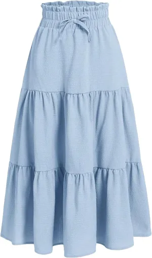 SweatyRocks Girl's Casual Solid Drawstring Waist Ruffle Hem Midi Skirt A Line Skirts