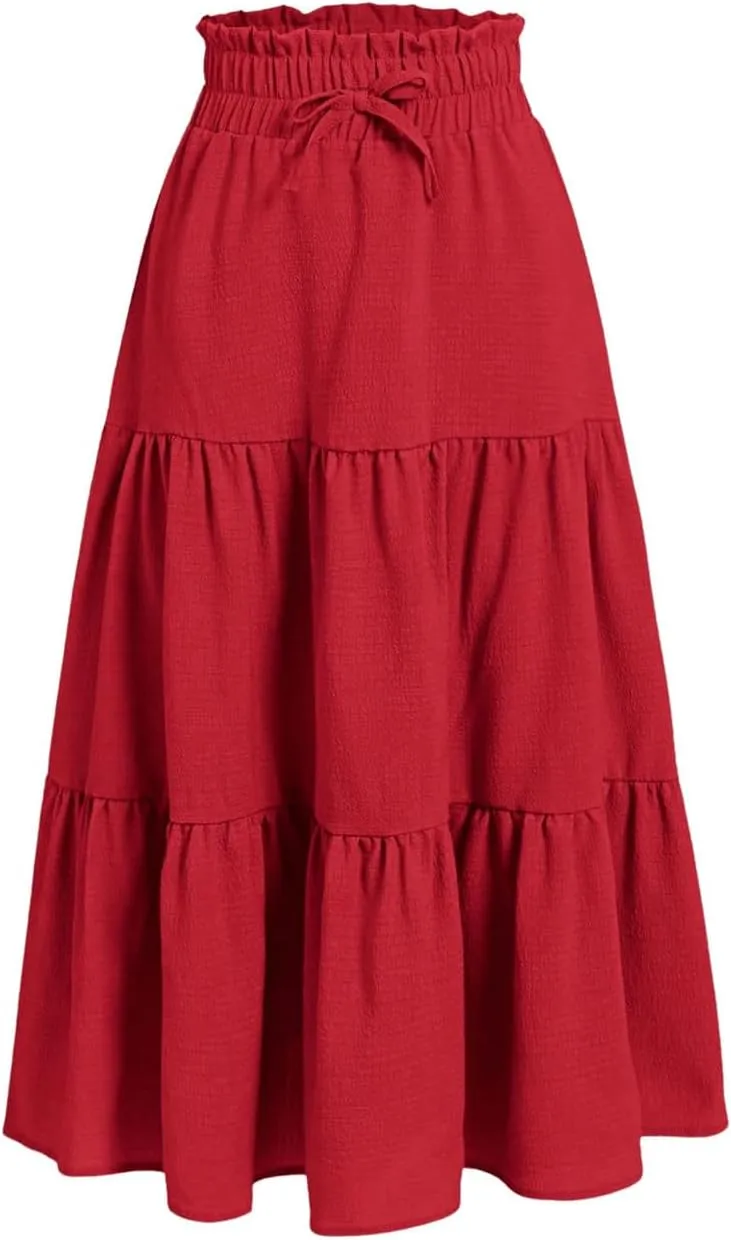 SweatyRocks Girl's Casual Solid Drawstring Waist Ruffle Hem Midi Skirt A Line Skirts