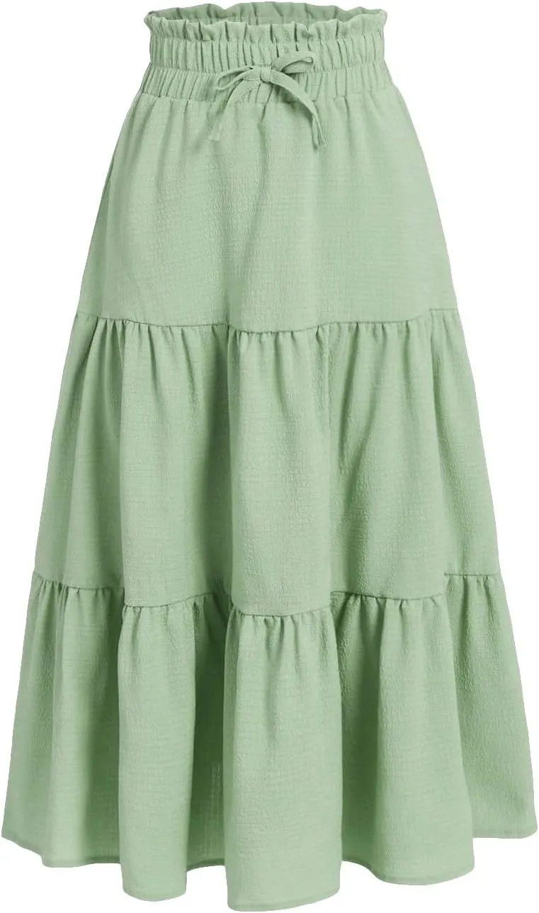 SweatyRocks Girl's Casual Solid Drawstring Waist Ruffle Hem Midi Skirt A Line Skirts