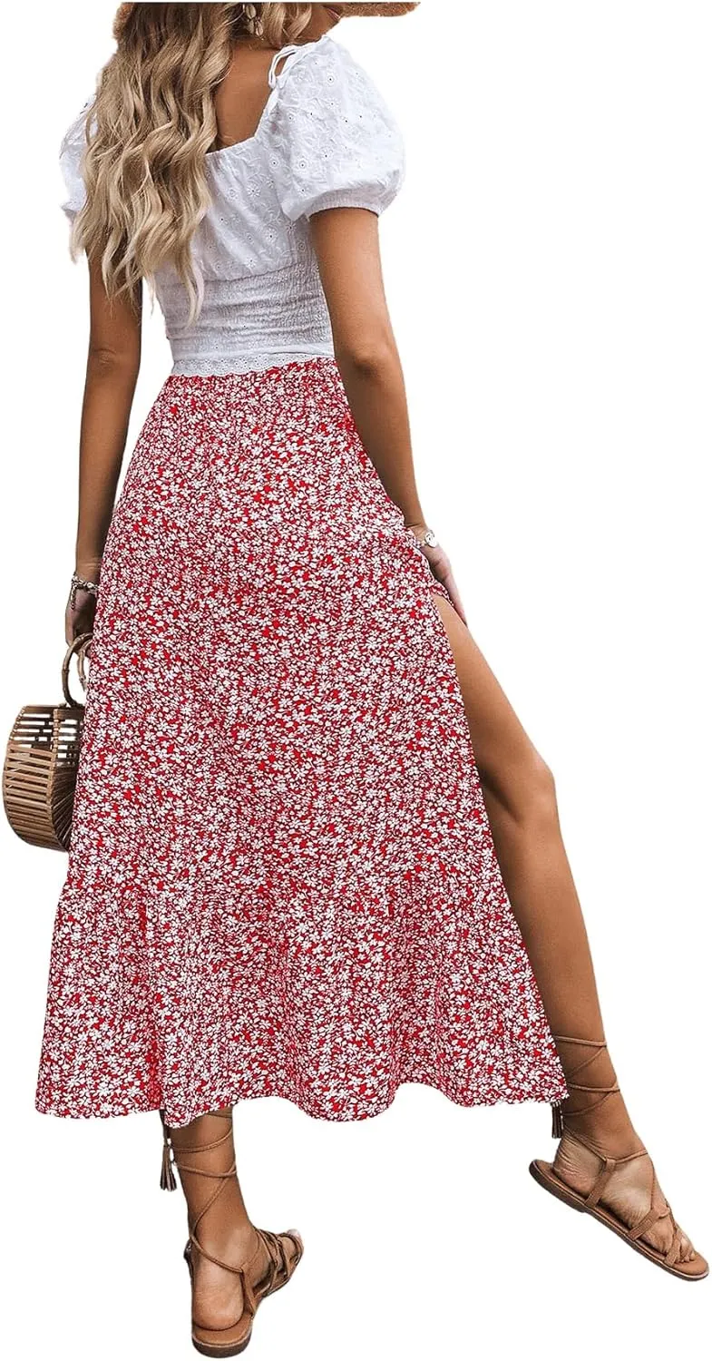 SweatyRocks Women's Casual High Waist Floral Print Skirt Split Thigh A Line Maxi Skirts
