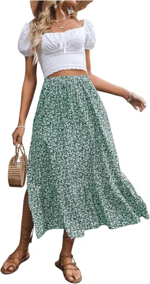 SweatyRocks Women's Casual High Waist Floral Print Skirt Split Thigh A Line Maxi Skirts