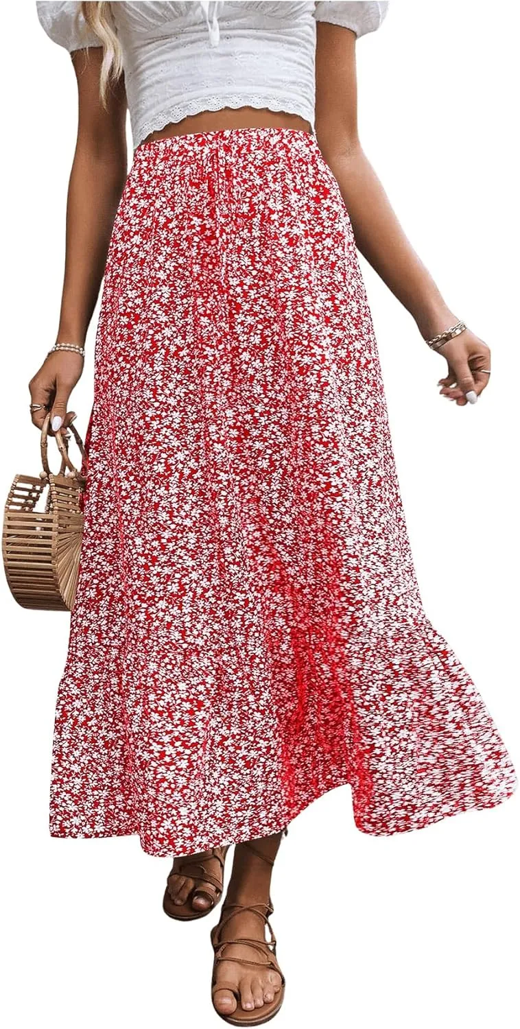 SweatyRocks Women's Casual High Waist Floral Print Skirt Split Thigh A Line Maxi Skirts