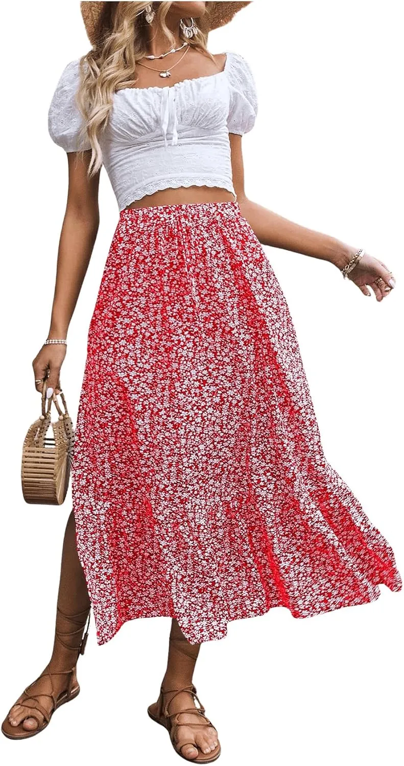SweatyRocks Women's Casual High Waist Floral Print Skirt Split Thigh A Line Maxi Skirts