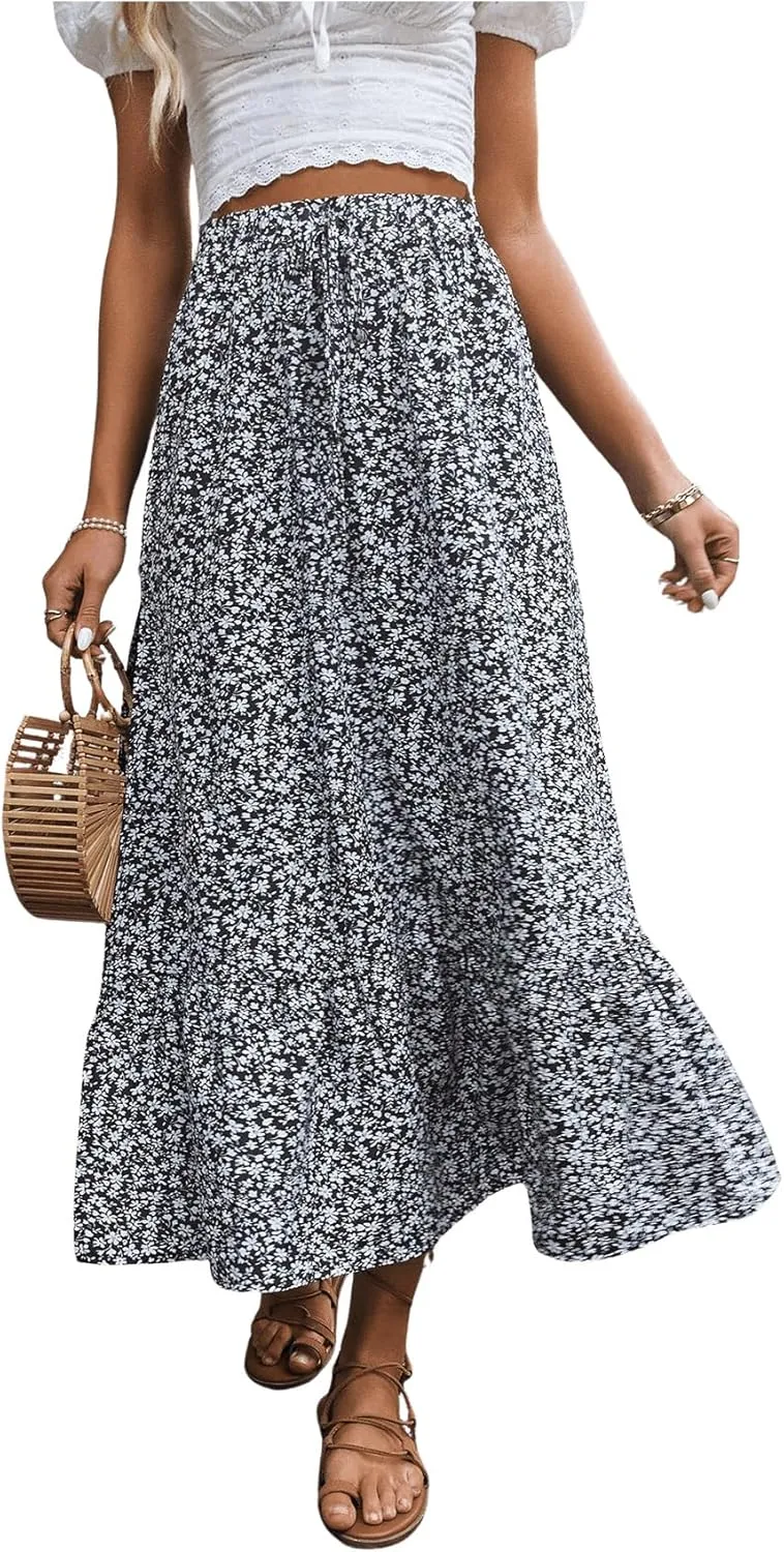 SweatyRocks Women's Casual High Waist Floral Print Skirt Split Thigh A Line Maxi Skirts