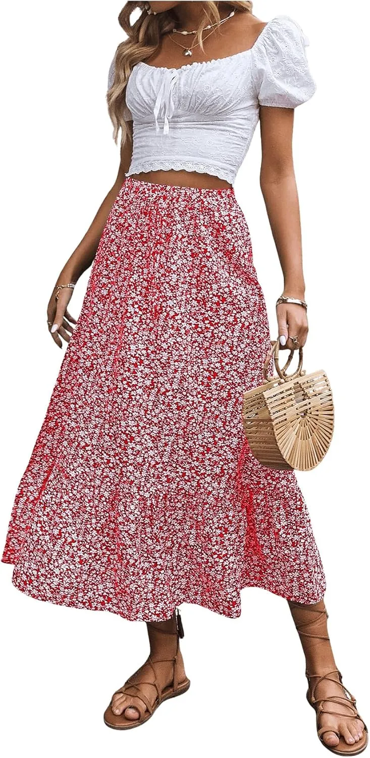 SweatyRocks Women's Casual High Waist Floral Print Skirt Split Thigh A Line Maxi Skirts