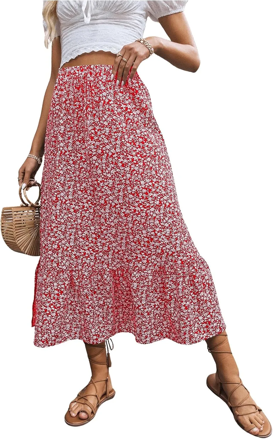 SweatyRocks Women's Casual High Waist Floral Print Skirt Split Thigh A Line Maxi Skirts