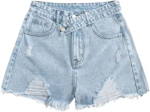 SweatyRocks Women's Casual High Waist Raw Hem Ripped Denim Jean Shorts with Pocket