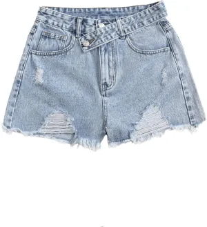 SweatyRocks Women's Casual High Waist Raw Hem Ripped Denim Jean Shorts with Pocket