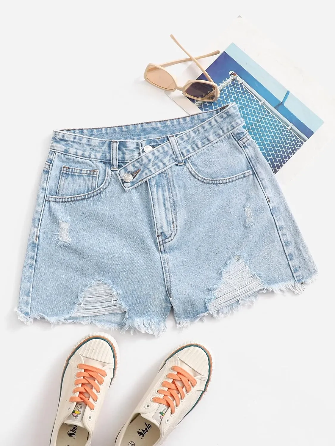 SweatyRocks Women's Casual High Waist Raw Hem Ripped Denim Jean Shorts with Pocket