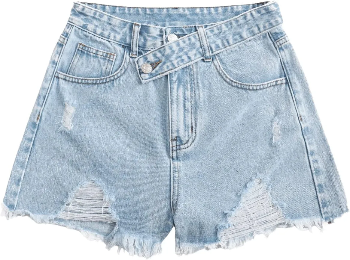 SweatyRocks Women's Casual High Waist Raw Hem Ripped Denim Jean Shorts with Pocket