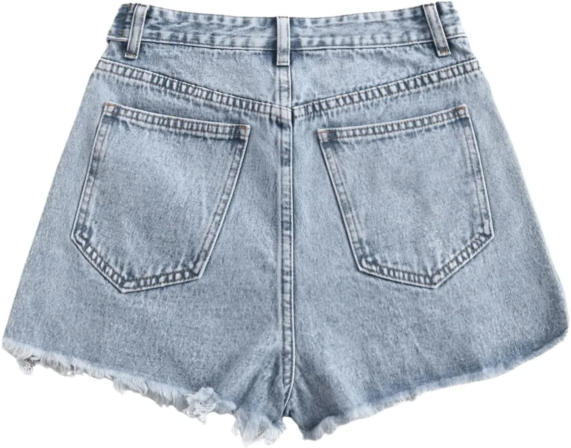 SweatyRocks Women's Casual High Waist Raw Hem Ripped Denim Jean Shorts with Pocket