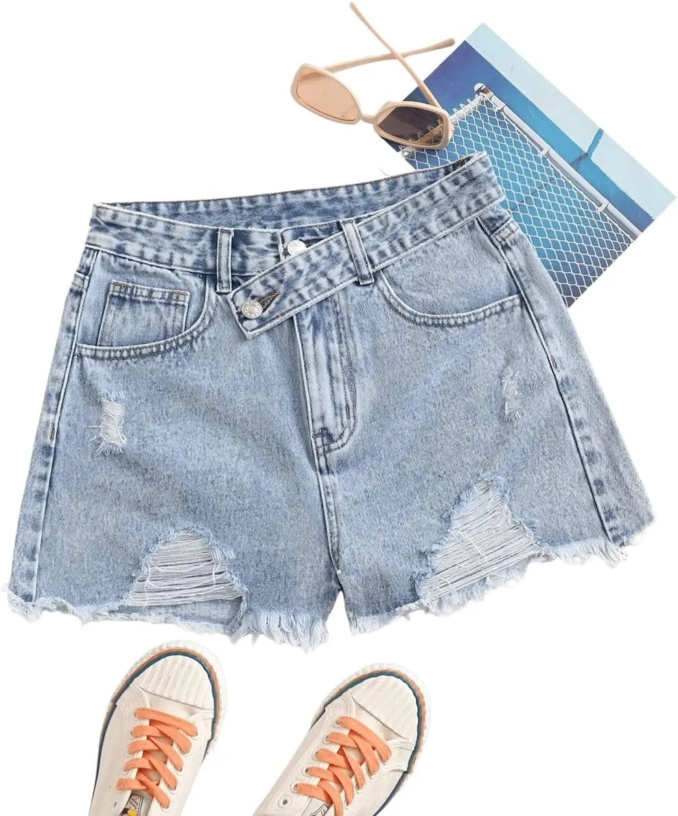 SweatyRocks Women's Casual High Waist Raw Hem Ripped Denim Jean Shorts with Pocket
