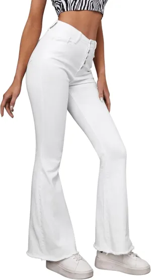 SweatyRocks Women's Casual High Waisted Flare Leg Jeans Raw Hem Bell Bottom Denim Pants