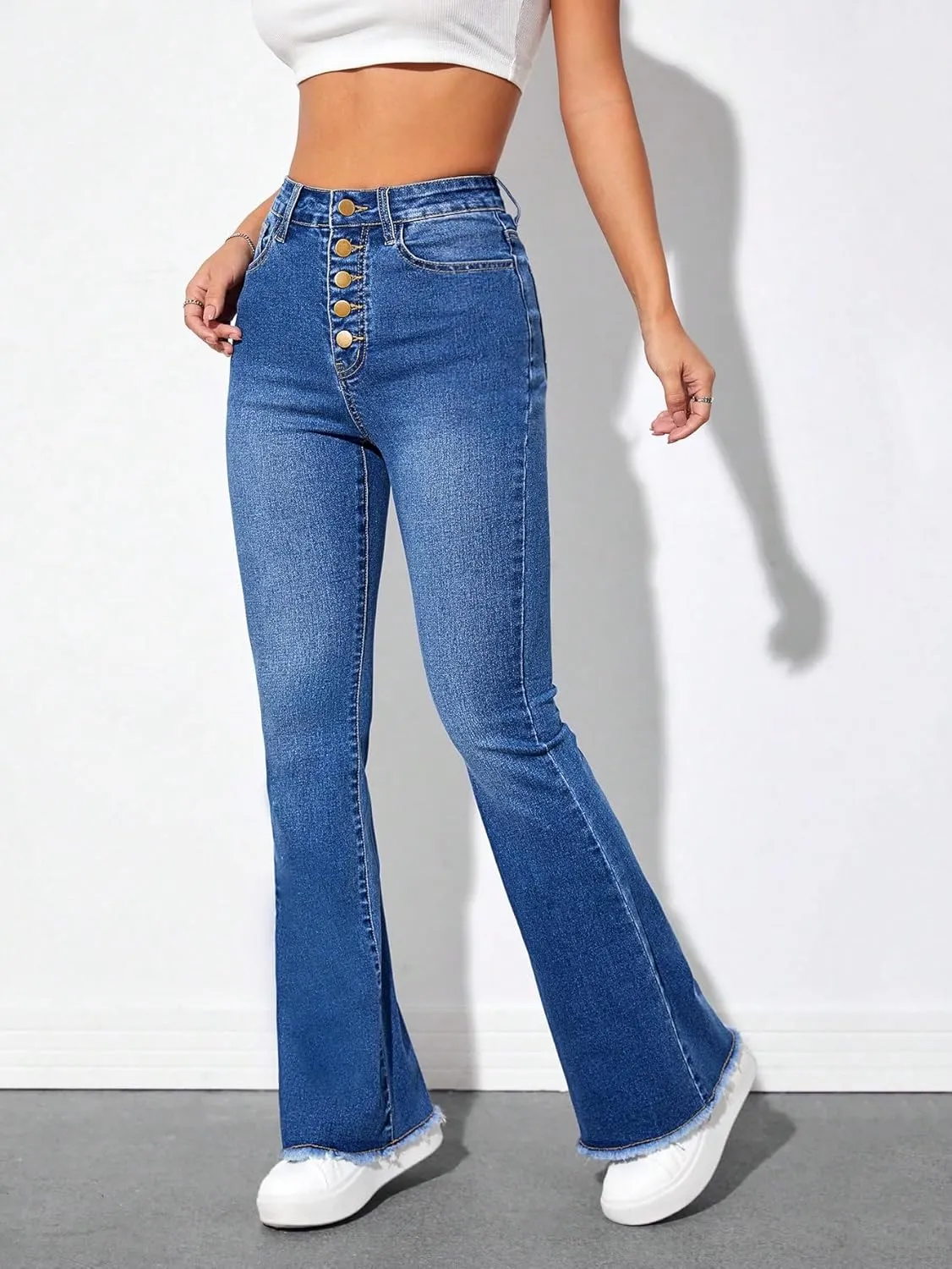 SweatyRocks Women's Casual High Waisted Flare Leg Jeans Raw Hem Bell Bottom Denim Pants