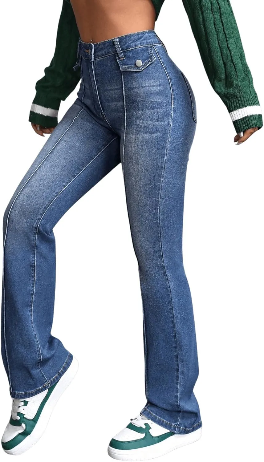 SweatyRocks Women's Casual High Waisted Flare Leg Jeans Raw Hem Bell Bottom Denim Pants