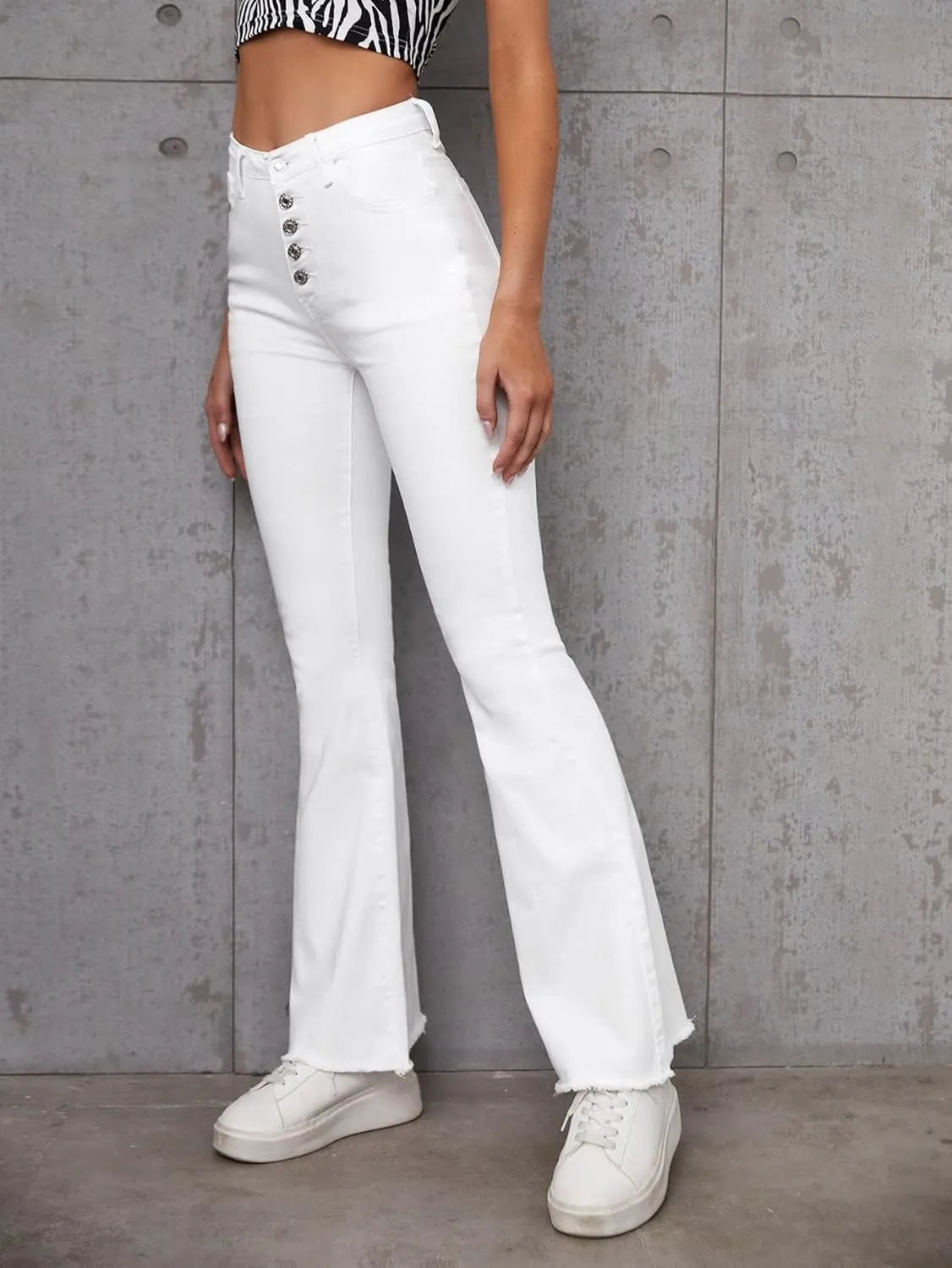 SweatyRocks Women's Casual High Waisted Flare Leg Jeans Raw Hem Bell Bottom Denim Pants
