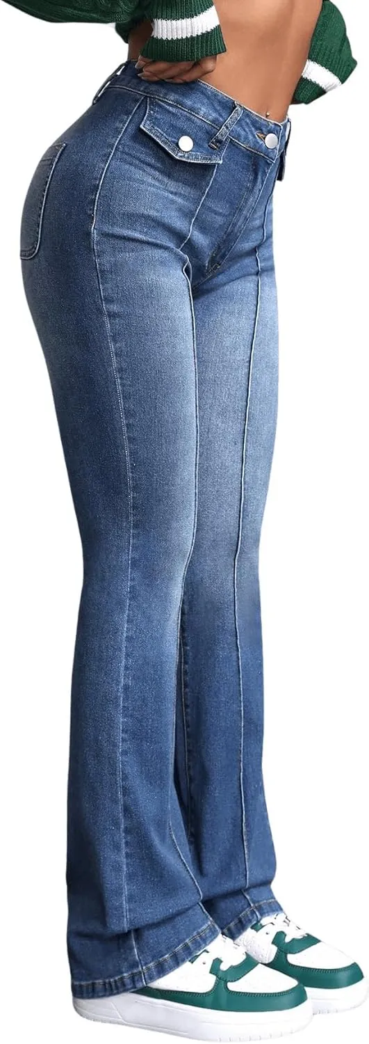 SweatyRocks Women's Casual High Waisted Flare Leg Jeans Raw Hem Bell Bottom Denim Pants
