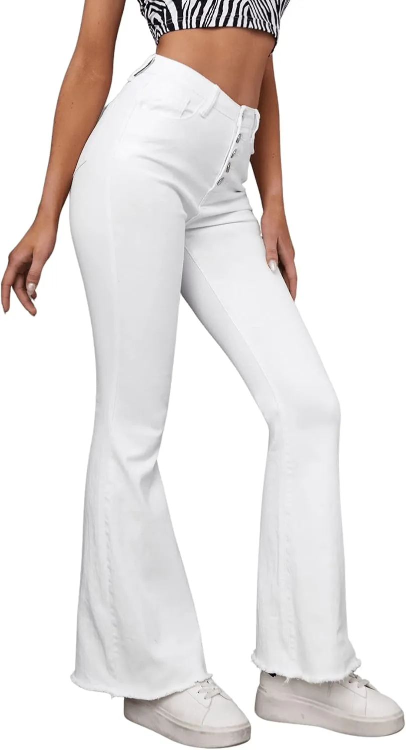 SweatyRocks Women's Casual High Waisted Flare Leg Jeans Raw Hem Bell Bottom Denim Pants