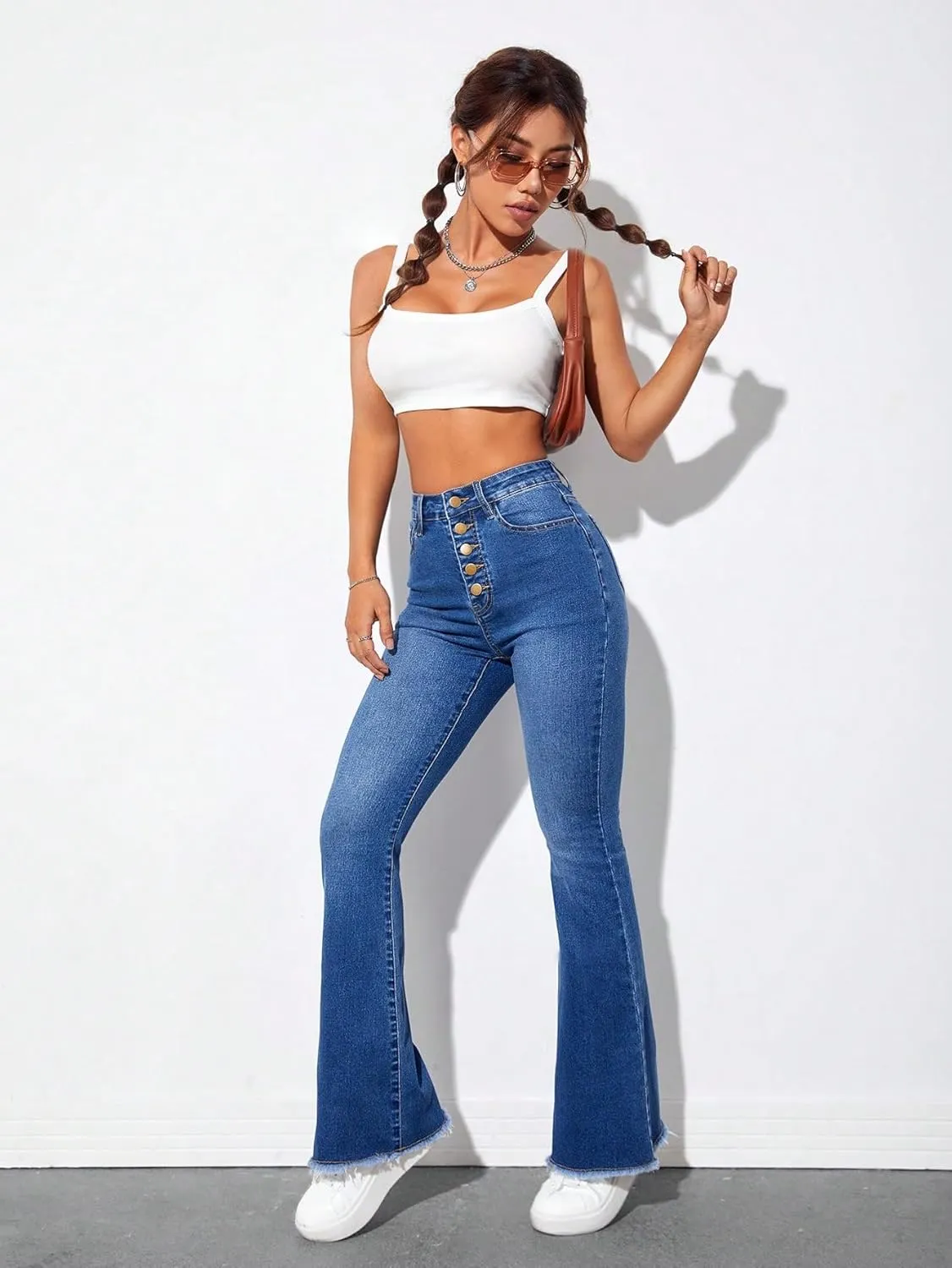 SweatyRocks Women's Casual High Waisted Flare Leg Jeans Raw Hem Bell Bottom Denim Pants