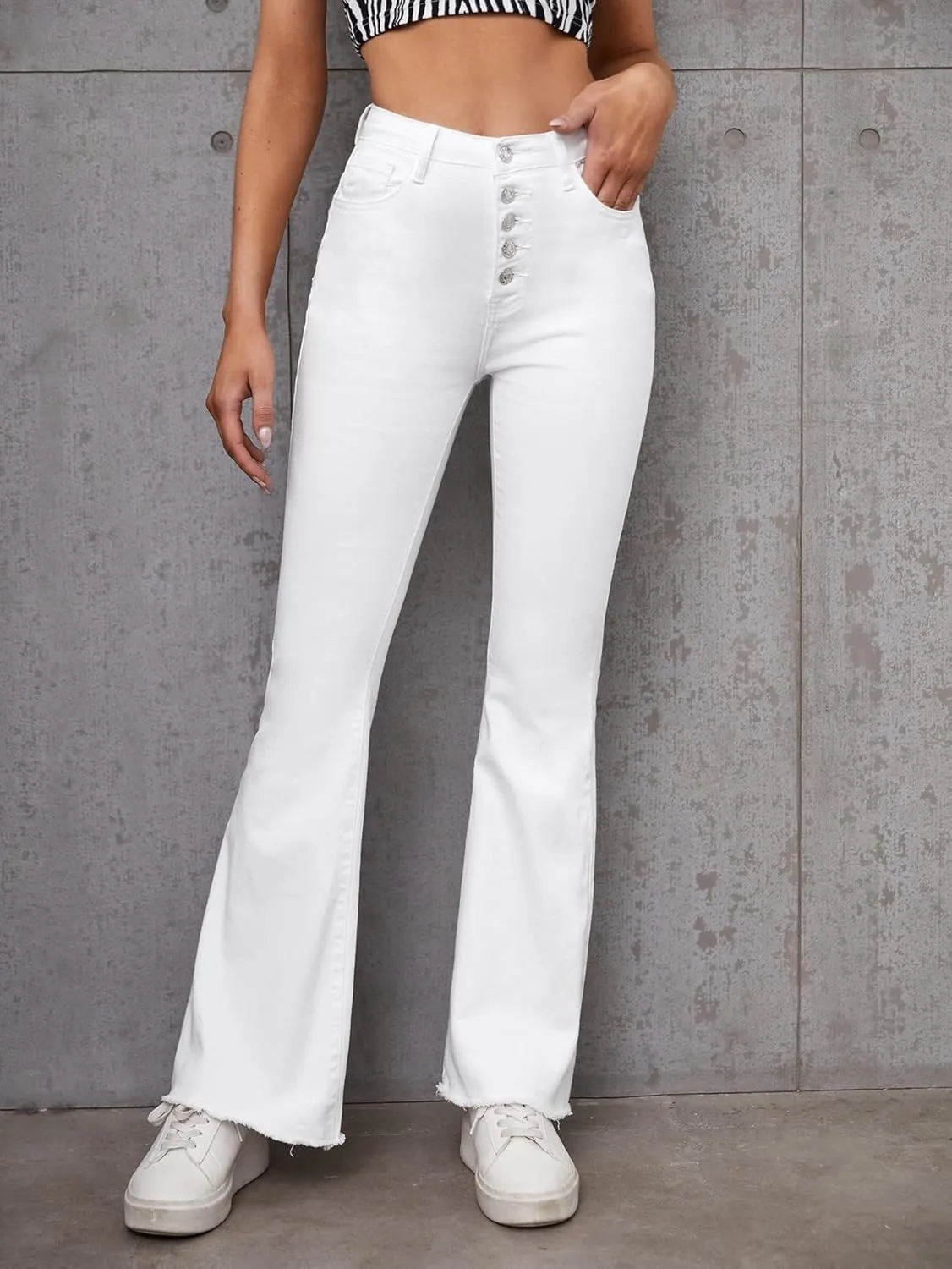 SweatyRocks Women's Casual High Waisted Flare Leg Jeans Raw Hem Bell Bottom Denim Pants