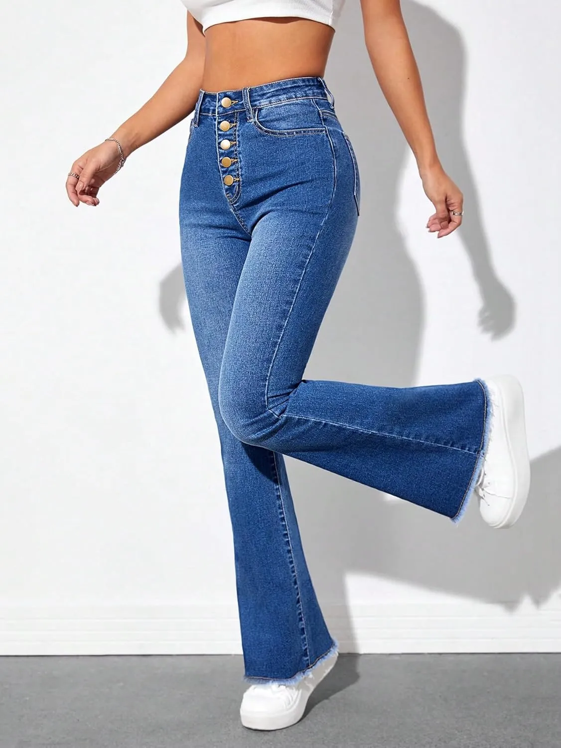SweatyRocks Women's Casual High Waisted Flare Leg Jeans Raw Hem Bell Bottom Denim Pants