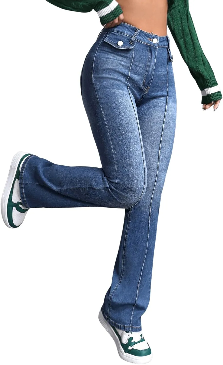 SweatyRocks Women's Casual High Waisted Flare Leg Jeans Raw Hem Bell Bottom Denim Pants
