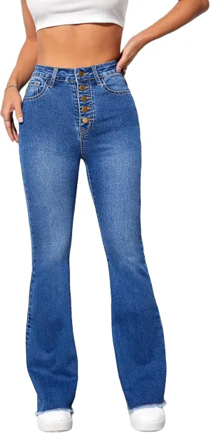 SweatyRocks Women's Casual High Waisted Flare Leg Jeans Raw Hem Bell Bottom Denim Pants