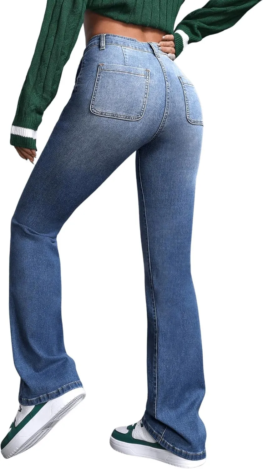 SweatyRocks Women's Casual High Waisted Flare Leg Jeans Raw Hem Bell Bottom Denim Pants