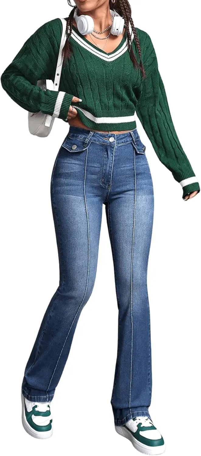 SweatyRocks Women's Casual High Waisted Flare Leg Jeans Raw Hem Bell Bottom Denim Pants