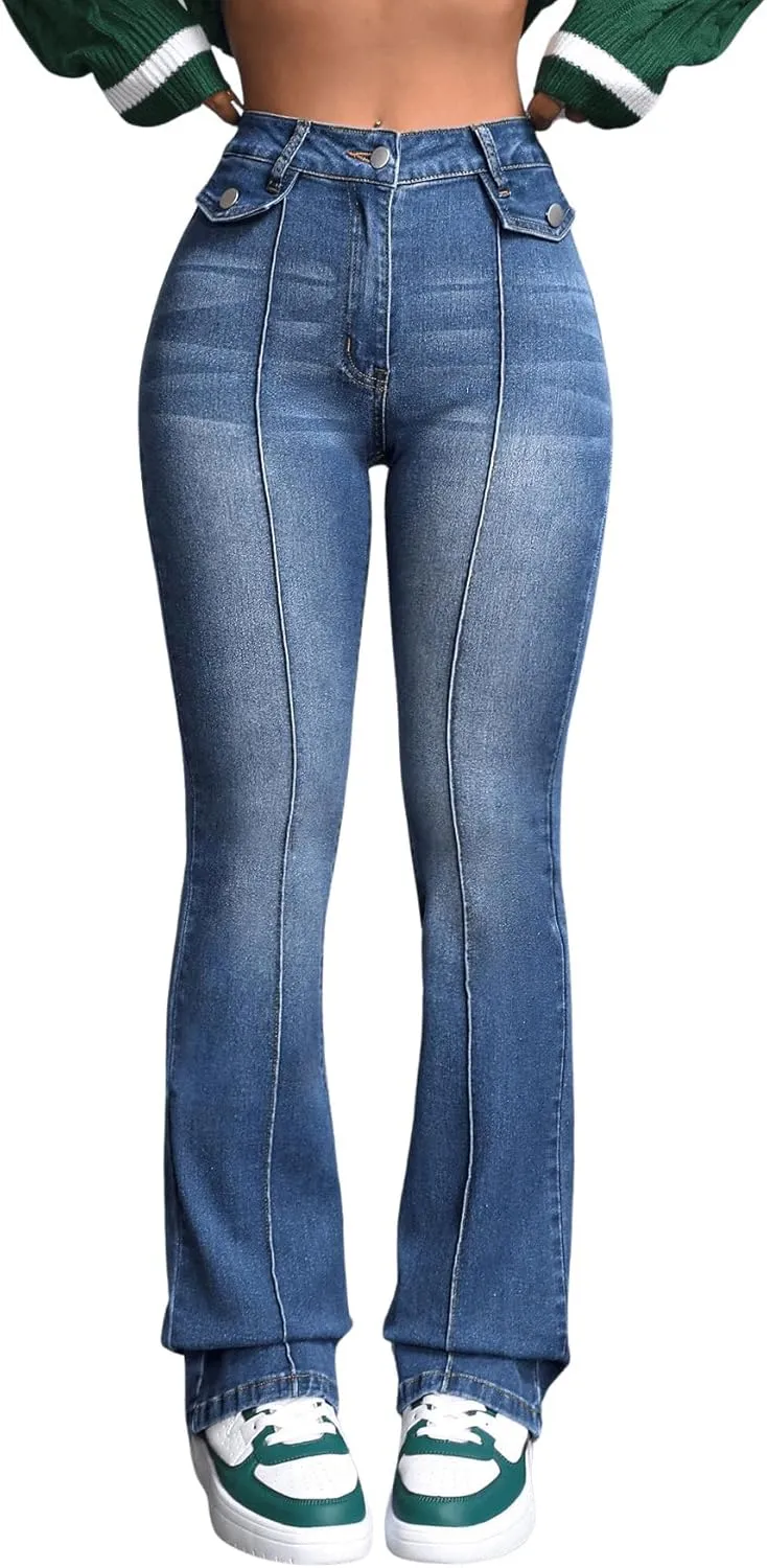 SweatyRocks Women's Casual High Waisted Flare Leg Jeans Raw Hem Bell Bottom Denim Pants