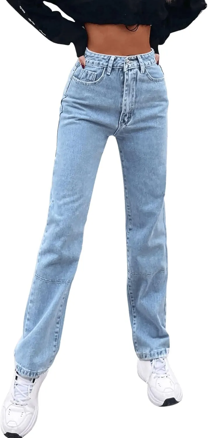 SweatyRocks Women's Casual High Waisted Straight Leg Boyfriend Jeans Denim Pants