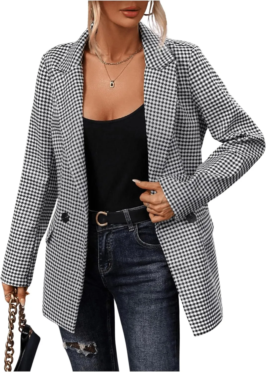 SweatyRocks Women's Casual Lapel Blazer Jacket Plaid Double Breasted Gingham Suit Coat