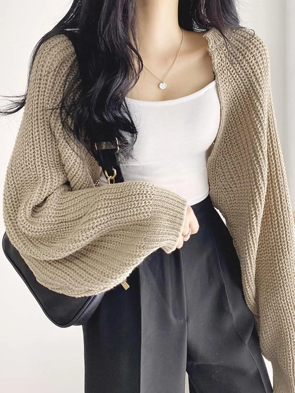 SweatyRocks Women's Casual Long Sleeve Ribbed Knit Top Open Front Cropped Cardigan Sweater