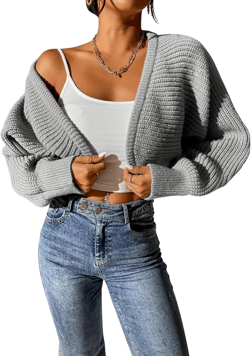 SweatyRocks Women's Casual Long Sleeve Ribbed Knit Top Open Front Cropped Cardigan Sweater