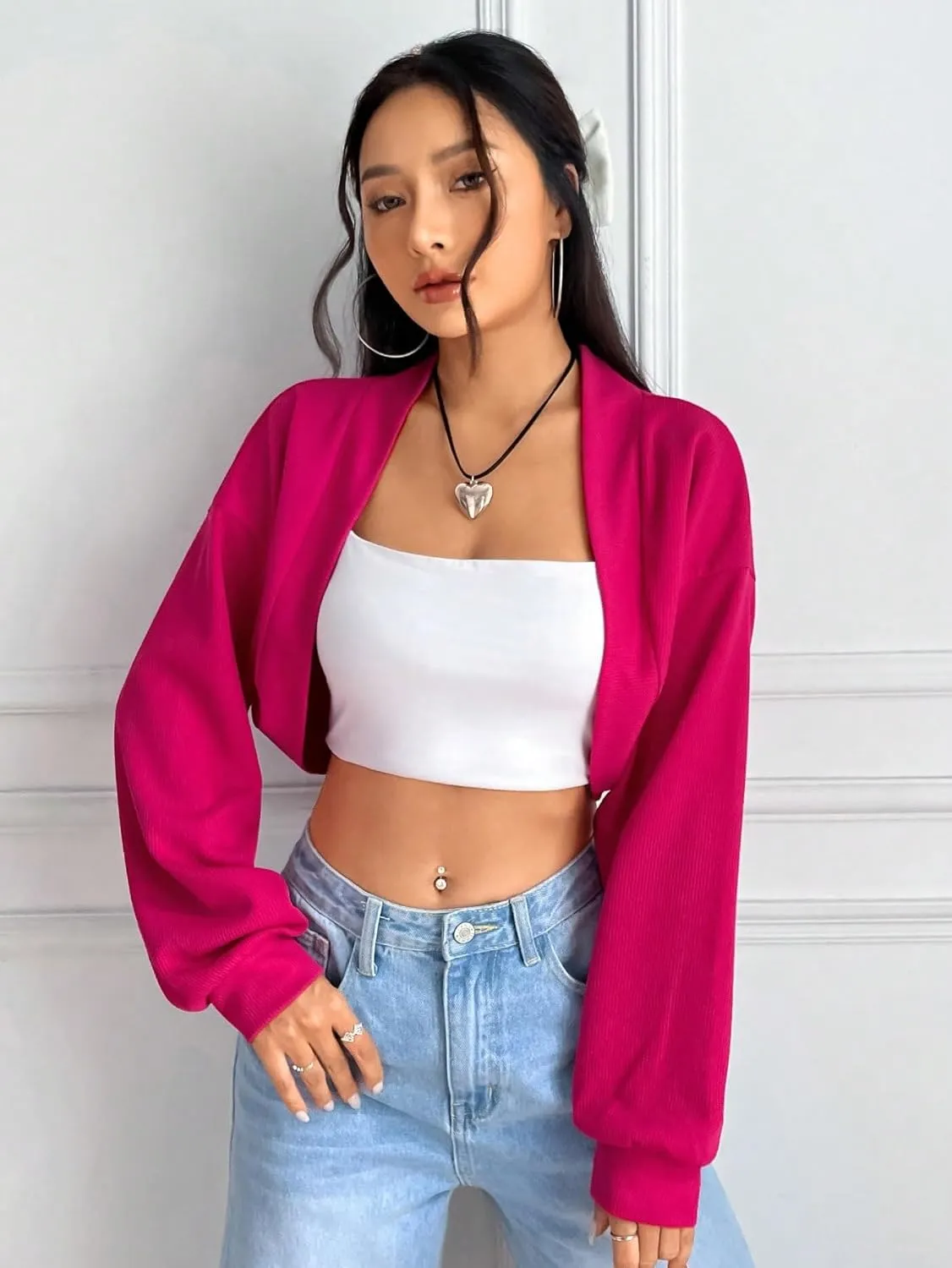 SweatyRocks Women's Casual Long Sleeve Ribbed Knit Top Open Front Cropped Cardigan Sweater
