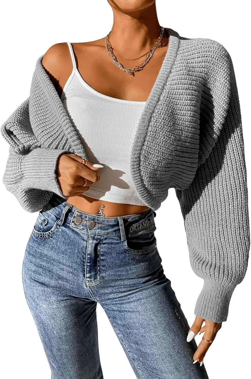 SweatyRocks Women's Casual Long Sleeve Ribbed Knit Top Open Front Cropped Cardigan Sweater