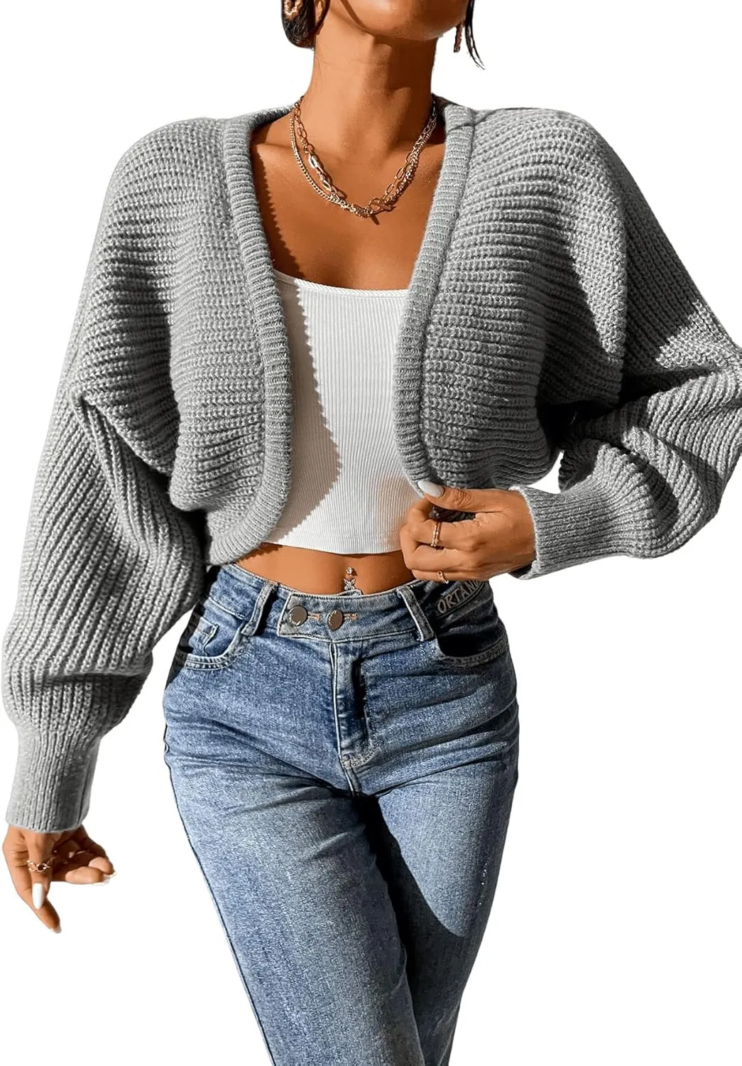 SweatyRocks Women's Casual Long Sleeve Ribbed Knit Top Open Front Cropped Cardigan Sweater