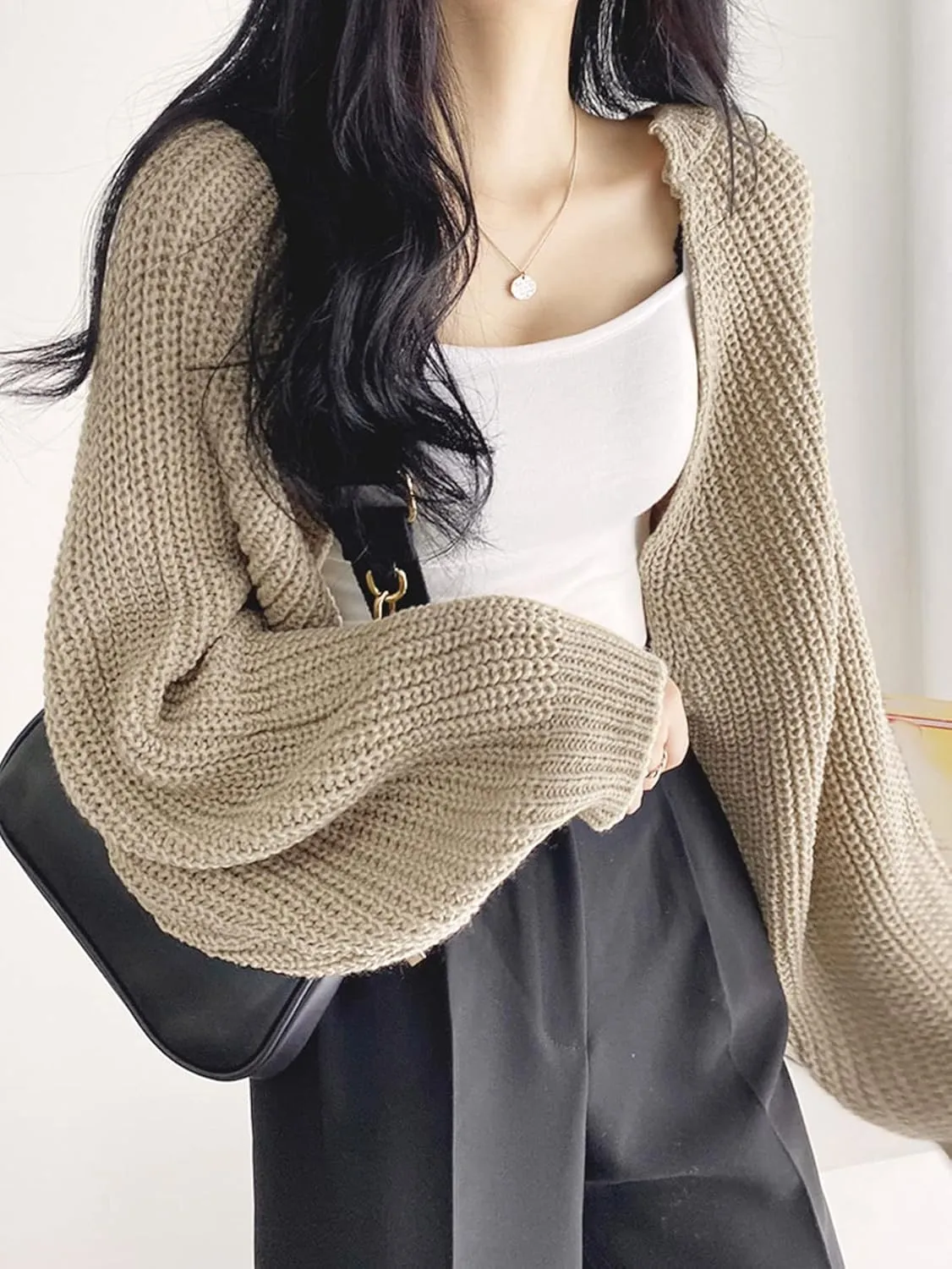 SweatyRocks Women's Casual Long Sleeve Ribbed Knit Top Open Front Cropped Cardigan Sweater